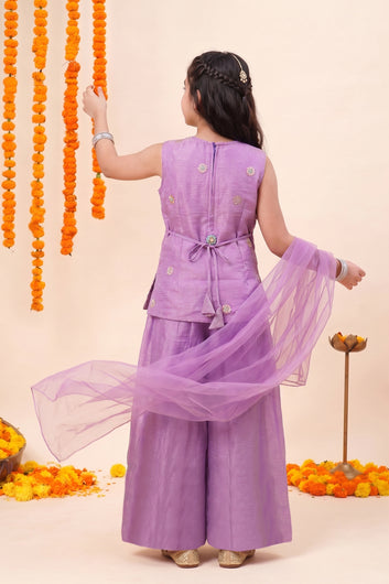 Girls Purple Silk Blend Embroidered Top and Palazzo With Dupatta Fusion Party Wear