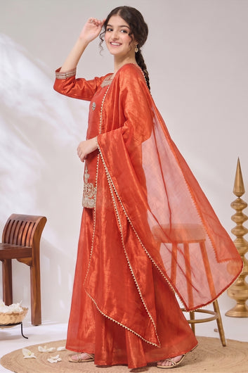 Girls Rust Embroidered Kurta and Palazzo With Dupatta For Festive wear