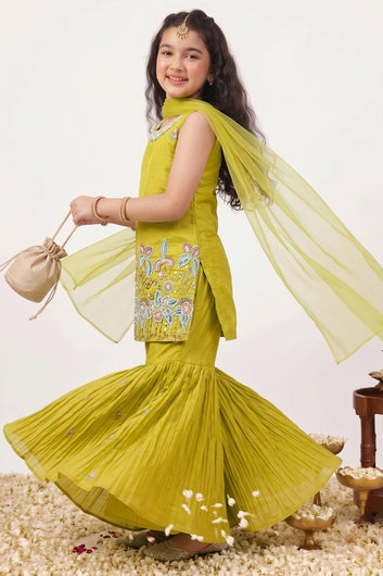 Girls Yellow Silk Blend Floral Embroidered Crop Top and Sharara With Dupatta Set For Trendy Look