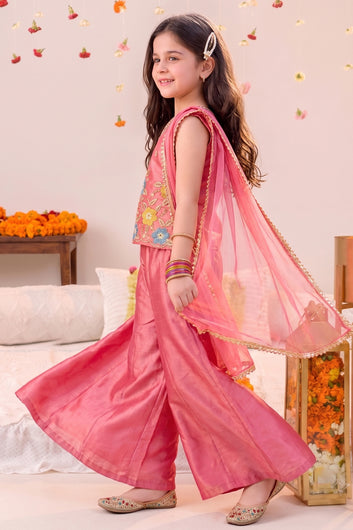Girls Pink Silk Blend Floral Embroidery Top and Palazzo With Dupatta For Festive Wear