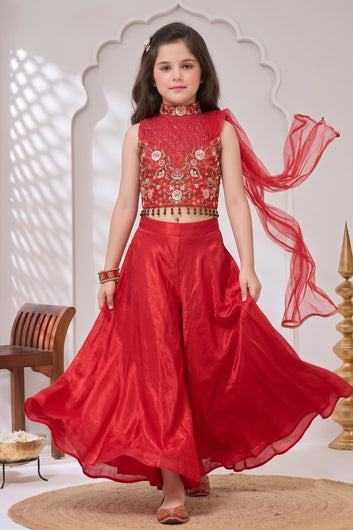 Girls Rani Silk Blend Embroidered Crop Top and Palazzo with Dupatta Set For Festive Wear