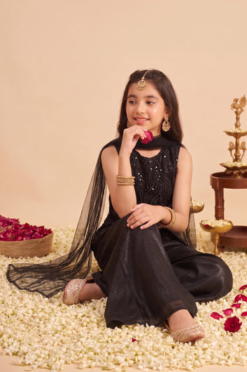 Girls Black Silk Blend Embroidered Top and Palazzo With Dupatta For Trendy Ethnic Set