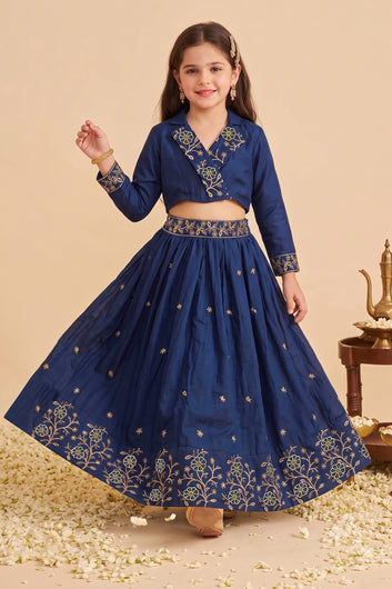 Girls Navy Blue Silk Blend Floral Embroidered Lehenga and Choli Set For Traditional Look