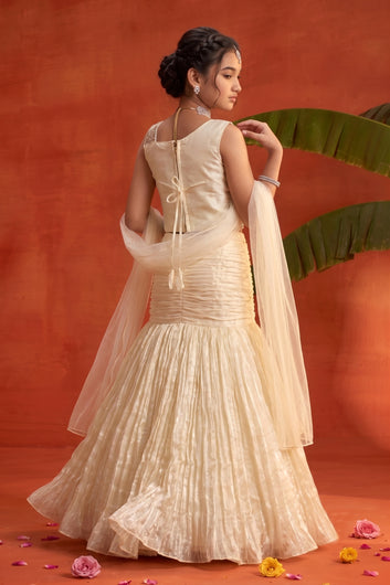 Girls White Silk Blend Fish Cut Lehenga With Bead Embroidered Sleeveless Choli with Dupatta