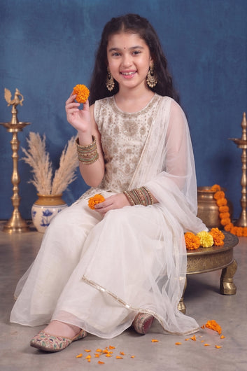 Girls White Silk Blend Embroidered Top and Palazzo With Dupatta Ethnic Set