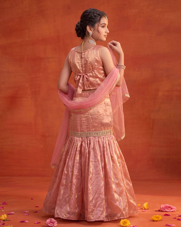 Girls Peach Silk Blend Bead Work Lehenga Coli With Dupatta Ethnic Set