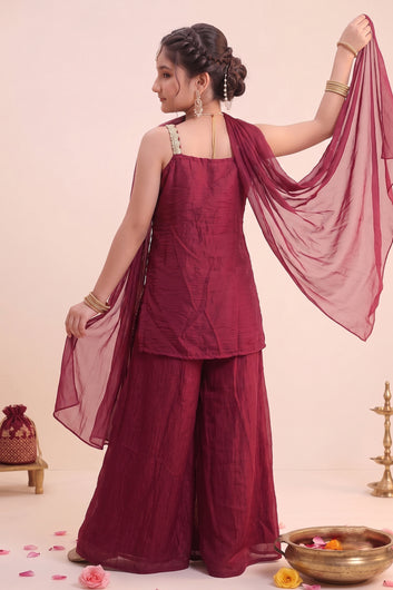 Girls Maroon Silk Blend Kurta And Palazzo With Dupatta Set For Traditional Look