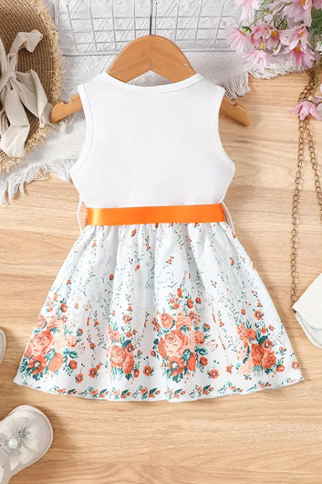 Girls Orange Cottton Blend Floral Printed Fit And Flare Knee Length Dress