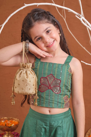Girls Olive Silk Blend Embroidered Crop Top and Palazzo Ethnic Outfit Set