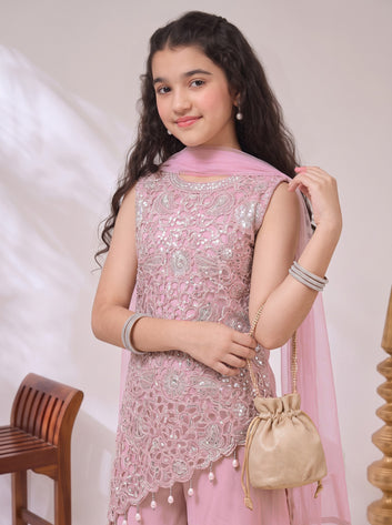Girls Light pink Georgette Sequin Embroidered Cut Work Top and Palazzo With Dupatta Set Traditional Outfit For Girls
