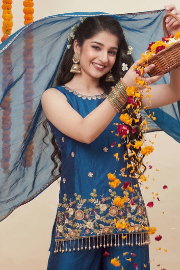 Girls Rust Silk Blend Embroidered Kurta and Palazzo With Dupatta Set For Party Wear