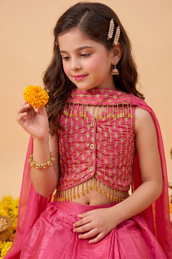 Girls Rani Embroidered Crop Top and Skirt With Dupatta For Festive wear