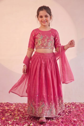 Girls Pink Silk Blend Floral Embroidered Lehenga and Choli with Silk Dupatta For Three Piece Lehenga Set