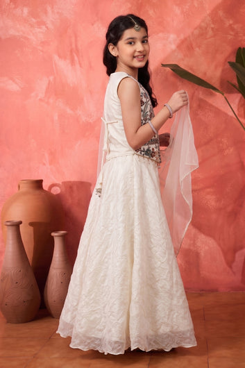 Girls White Silk Blend Floral Embroidered Crop Top and Palazzo With Dupatta Stylish Ethnic Set