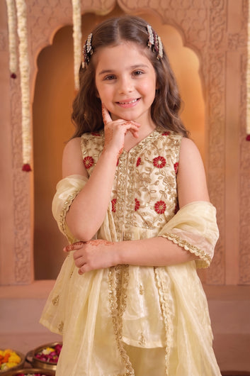 Girls Off white Embroidered Kurta and Palazzo With Dupatta Set For Ethnic Wear