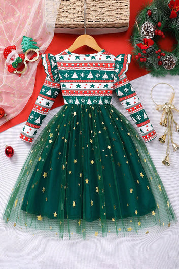 Girls Green Zurick Christmas Gathered Printed A-Line Knee Length Dress