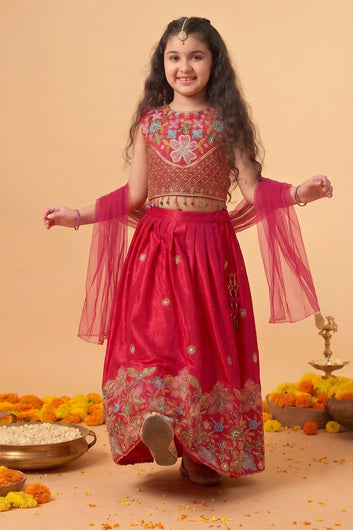 Girls Rani Silk Blend Embroidered Lehenga and Choli With Dupatta For Festive Look