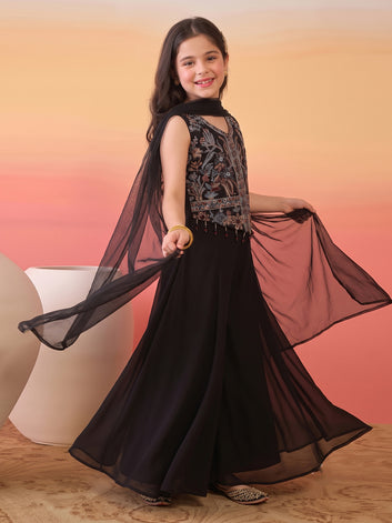 Girls Black Silk Blend Embroidered Crop Top and Palazzo with Dupatta Set For Festive Wear