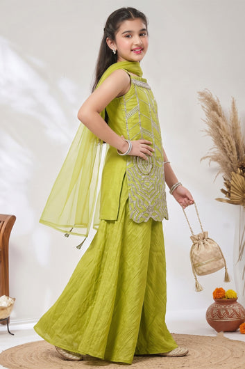 Girls Lemon Silk Blend Kurta, Palazzo And Top Inner With Dupatta Set Diwali Outfit