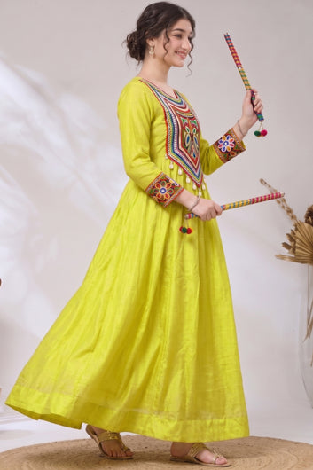 Girls Lemon Silk Blend Floral Embroidered Fit and Flare Dress For Traditional Look