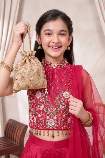 Girls Rani Silk Blend Sequin Embroidered Crop Top and Palazzo With Dupatta Set For Indian Outfit