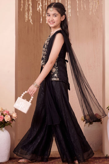 Girls Black Silk Blend Indo Western 3-Picec Palazzo Set With Cut Dana Sequin Work
