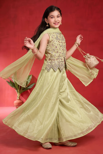 Girls Lemon Silk Blend Top And Palazzo With Dupatta For Indo-Western Set