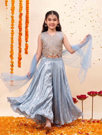 Girls Sky Blue Silk Blend Embroidered Crop Top and Palazzo with Dupatta Set For Kids Festive Wear