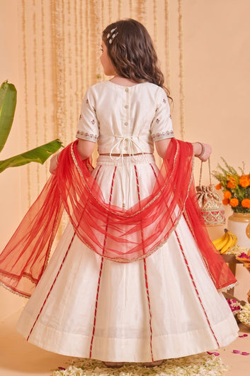 Girls Off White Roman Silk Embroidered Lehenga Choli With Dupatta Set Traditional 3-Piece Festive Outfit for Kids