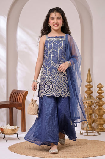 Girls Navy Blue Silk Blend Sequin Cut Work Embroidered Kurta, Flared Palazzo And Top Inner With Dupatta Set For Festival Outfit