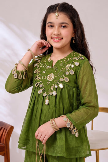 Girls Green Silk Blend Floral Embroidered Top and Palazzo For Stylish Look