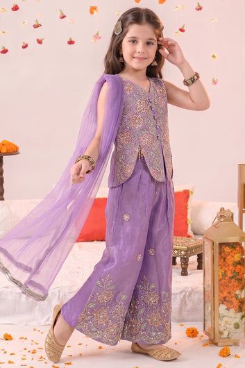 Girls Purple Silk Blend Embroidered Top and Palazzo With Dupatta Fusion Party Wear