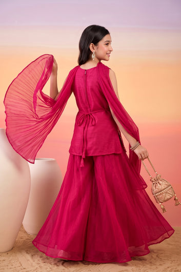 Girls Rani Silk Blend Floral Sequin Bead Work Embroidered Kurta and Palazzo With Dupatta For Festive Wear