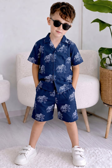 Boys Blue Cotton Blend Animal Printed Shirt and Shorts Set For Summer Wear