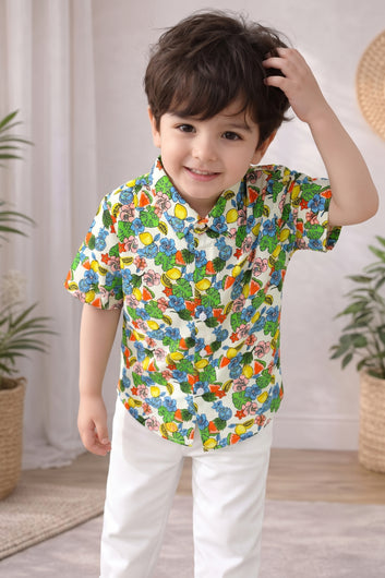 Boys Multicolor Cotton Blend Floral Printed Shirt For Summer Trend