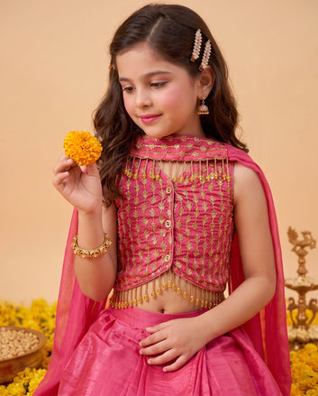 Girls Rani Embroidered Crop Top and Skirt With Dupatta For Festive wear