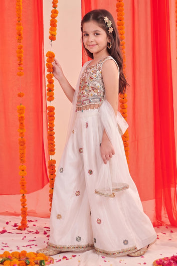 Baby Off-White Silk Blend Sequin Embroidered Crop Top and Palazzo Set with Net Dupatta For Party Wear Ethnic Outfit
