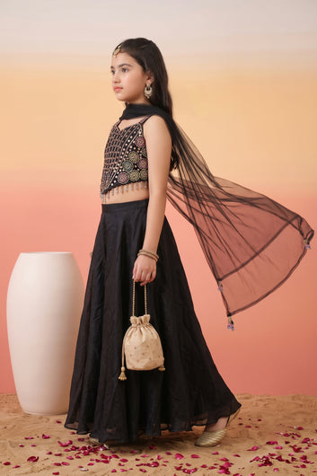 Girls Black Silk Blend Sequin Bead Work Embroidered Crop Top and Palazzo With Inner Top & Dupatta Set For Festive Wear