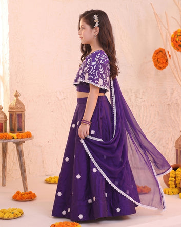 Girls Voilet Silk Blend Floral Embroidered Lehenga and Choli With Dupatta Ethnic Set For Festive Look