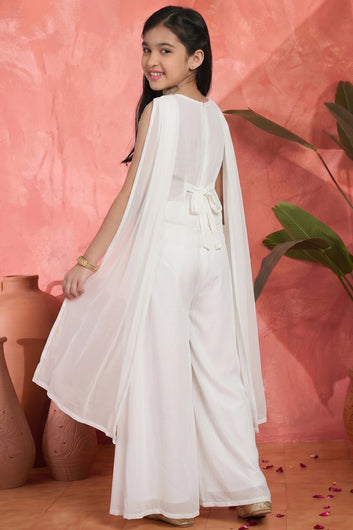 Girls Off White Georgette Crop Top And Palazzo With Dupatta For Trendy Look