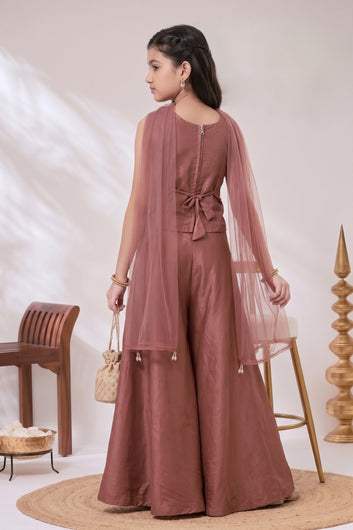 Girls Rust Silk Blend Sequin Bead Work Crop Top and Palazzo With Dupatta Set For Festive Wear