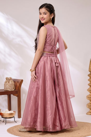 Girls Light Pink Silk Blend Sequin Bead Work Crop Top and Palazzo With Dupatta Set For Stylish Look