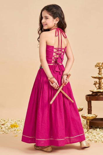 Girls Rani Silk Blend Mirror work Embroidered Lehenga and Choli Set For Traditional Look