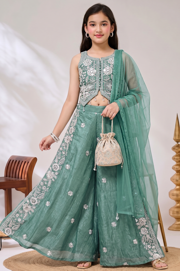 Girls Olive Silk Blend Sequin Bead Work Crop Top and Palazzo With Dupatta Set For Girls