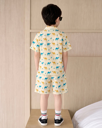 Boys Beige Cotton Blend Animal Motifs Printed Shirt and Shorts For Boys Clothing Set