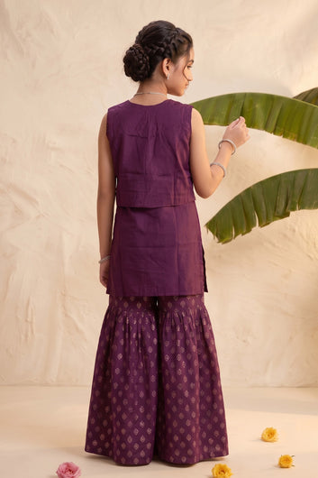 Girls Purple Silk Blend Kurta and Sharara With Koti For Traditional Look