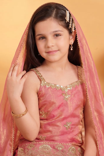 Girls Pink Silk Blend Embroidered Kurta and Palazzo with Dupatta For Trendy look