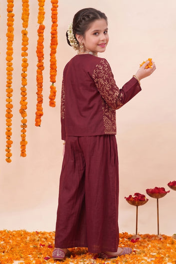 Girls Maroon Silk Blend Embroidered Crop Top with Shrug and Palazzo Girls Ethnic set