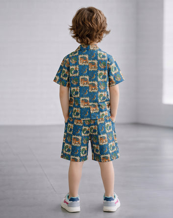 Boys Blue Cotton Blend Animal Printed Shirt and Shorts Set For Casual Wear