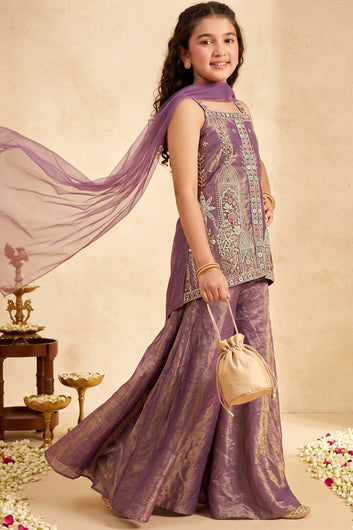 Girls-Purple Silk Blend Sequin Bead Work Top and Palazzo With Dupatta Set For Traditional Outfit